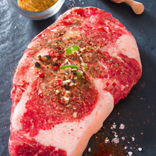 Seasoning a raw steak with salt and pepper