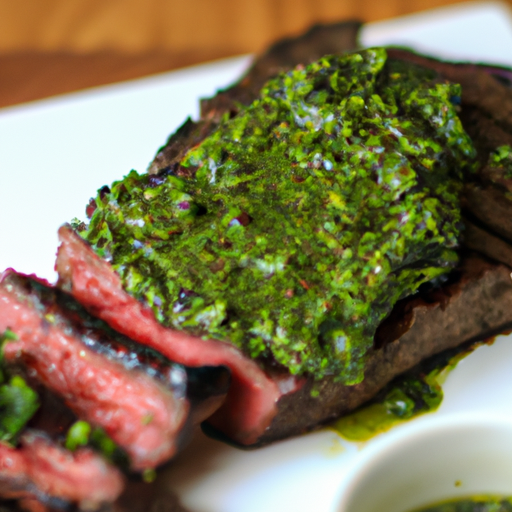 A juicy skirt steak topped with vibrant green chimichurri sauce