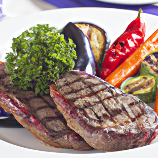 A perfectly grilled steak served with roasted vegetables